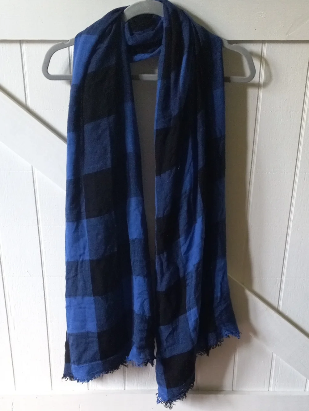Blue and Black Buffalo Plaid Lightweight Blanket Scarf with Frayed Edge OS